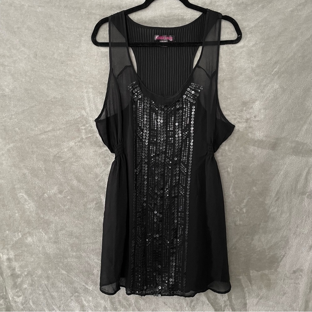 Rock & Roll Cowgirl Sheer Black Sequin Pleated Sleeveless Dress Size XL